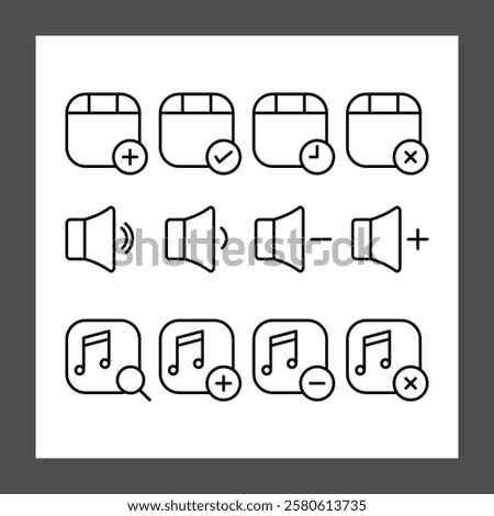 A grid of simple line icons representing various functions. The top row includes icons for adding, checking, timing, and deleting