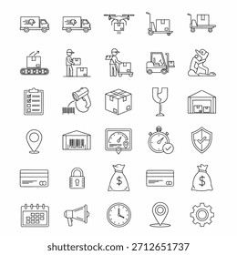 Grid of simple logistics icons depicting trucks, drone, boxes, warehouse, tracking, payment, timing