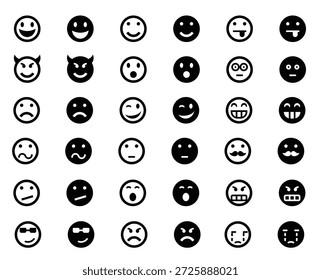 Una cuadrícula de emojis simples y redondos en blanco y negro, que representan una amplia gama de expresiones de feliz a triste, enojado a sorprendido y más.
