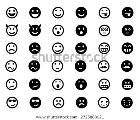 A grid of simple, round emoji faces in black and white, depicting a wide range of expressions from happy to sad, angry to surprised, and more.