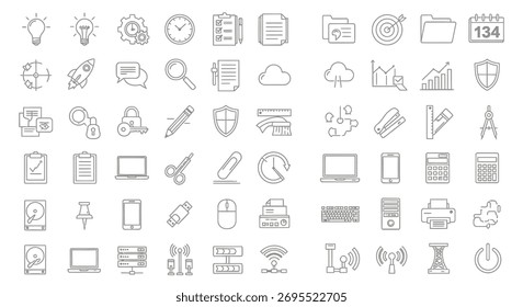 Uma grade de ícones simplificados que representam vários conceitos de negócios e tecnologia