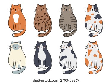 A grid of simplistic, naive art cats in varied colors and patterns, sitting upright with calm, neutral expressions. Naive doodle design. Vector illustration