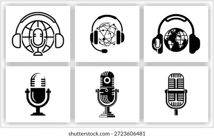 A grid of six black and white vector icons displays various designs related to audio communication, broadcasting, and podcasting, featuring combinations of headphones with globes and distinct styles of microphones.