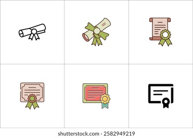 Grid of six certificate and diploma icons in various styles including minimalist colorful and detailed designs  
