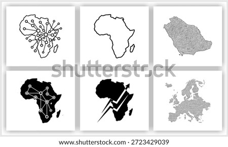 A grid of six distinct black and white map illustrations features the continent of Africa depicted with network connections, simple outlines, and an upward growth arrow, alongside maps of Saudi Arabia and Europe filled with a textured scribble pattern, all isolated on a white background   