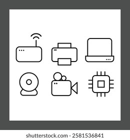 A grid of six simple line icons representing technology