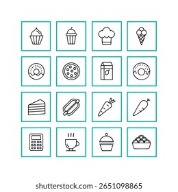 A grid of sixteen black line art icons on a white background, each enclosed in a teal square. 