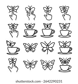 Uma grade de dezesseis ícones de borboleta, mão e xícara de café preto e branco.