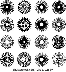 A grid of sixteen circular designs with radial patterns, varying in complexity and detail, in black and white.