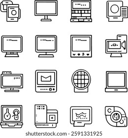 A grid of sixteen outlined icons depicting various computer and electronic devices, each with a unique design.