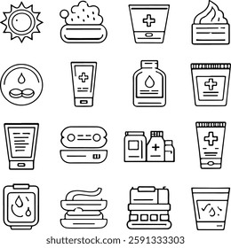 A grid of sixteen outlined icons depicting various skincare and cosmetic products, including creams, lotions, and sun protection.