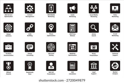 A grid of small black icons with white graphics on a white background, representing various concepts and tools