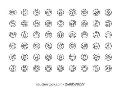 A grid of small, circular, hand-drawn icons depicting diverse food and beverage items, perfect for menus, apps, or websites.