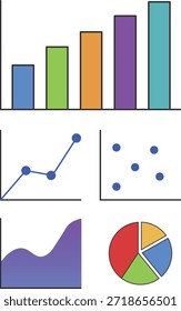 Grade de painéis pequenos mostrando gráfico de barras, gráfico de linhas, gráfico de dispersão e gráfico de pizza para visuais de dados.