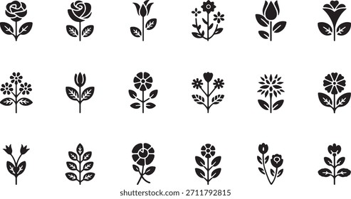 Una cuadrícula de Pequeñas ilustraciones florales estilizadas en blanco y negro, cada una con un diseño botánico y tallo únicos.