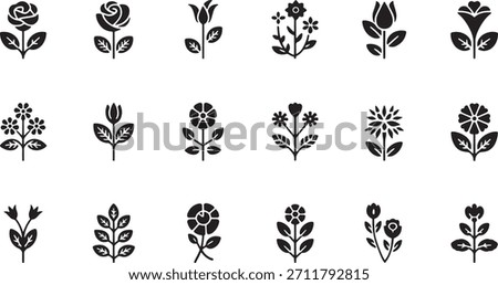 A grid of small, stylized black and white floral illustrations, each with a unique botanical design and stem.