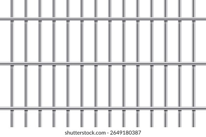 A grid of smooth, metallic bars run vertically and horizontally. The bars create an implied barrier, evoking themes of restraint and security on a white background.