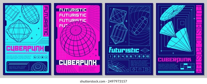 Grid space element. Futuristic Sci-Fi poster. Cyberpunk planet. Retro HUD design. Wireframe geometric shapes. Cyber punk frame. Line sphere or cone. Mesh abstract figures. Vector synthwave banners set