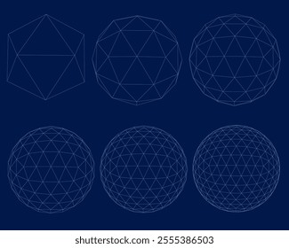 Grid spheres. 3D globes with abstract net or wireframe for chemical or biology, infographic, round particles structure concept. Vector set connect in circle wireframe structure