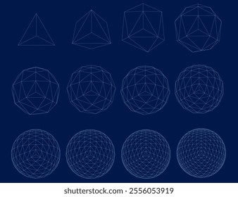 Grid spheres. 3D globes with abstract net or wireframe for chemical or biology, infographic, round particles structure concept. Vector set connect in circle wireframe structure