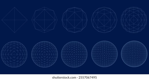 Grid spheres. 3D globes with abstract net or wireframe for chemical or biology, infographic, round particles structure concept. Vector set connect in circle wireframe structure