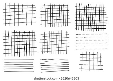 Grid square hand drawn textured lines, notebook grid and striped pattern. Set Doodle geometric net, chalk or crayon stroke.