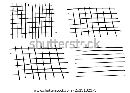 Grid square hand drawn textured lines, notebook grid and striped pattern. Set Doodle geometric net, chalk or crayon stroke.