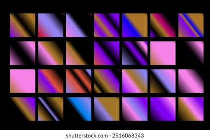 Ein Gitter von Quadraten mit einer Vielzahl von Chrom-Gradienten mit einem metallischen Glanz gefüllt. Konzipiert als Ressource für Kunstwerkzeuge.