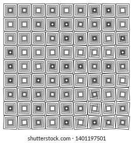 Grid of squares in squares goes from order to chaos. A minimal abstract geometric background vector pattern. Grid of 9 by 9 squares. Inner squares are rotated at subtle angles. Black and white.