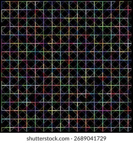 Una cuadrícula de cuadrados sobre un fondo negro, donde cada cuadrado está definido por un signo o cruz central multicolor.