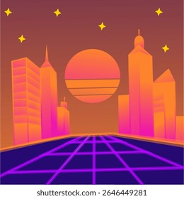 Grid street under neon sunset