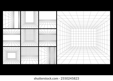 Grid structure of empty room set with white far wall. Geometric grid structure collection of fine lines. Simple black and white dynamic vector square backgrounds