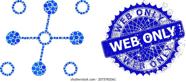 Grid structure vector composition of round dots in different sizes and blue color tints, and distress Web Only stamp. Blue round sharp rosette stamp seal includes Web Only text inside.