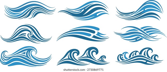 Grade de ícones de ondas azuis estilizados com curvas em espiral e padrões de linha, ideal para design aquático, de surf ou marítimo