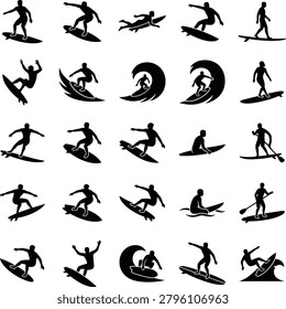 Grid of surfing silhouette icons showing various athlete poses maneuvers and surfboard styles for water sport design.