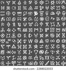 Grid of symbols rune letters font. Ancient occult alphabet, Norse Scandinavian vikings like letters futhark, white ink isolated on gray. Seamless pattern monochrome vector illustration