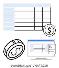 Tabla de cuadrícula y símbolos de dólares que representan datos financieros, mostrados en un monitor de computadora con una lista de verificación. Ideal para planificación financiera, presupuesto, contabilidad, seguimiento de gastos, negocios