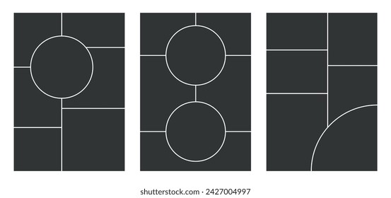 Grid template for photo collage. Vector mood board. Page with frames. Simple layout mosiac with roundes. Gray at the white background
