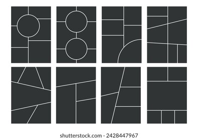 Grid template for photo collage. Vector mood board. Page with frames. Simple layout mosiac with roundes. Gray at the white background