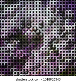 Grid texture design on black. Checkered pattern and floral four-petal elements.  Colored violet vector for paper packaging, textile design, covers
