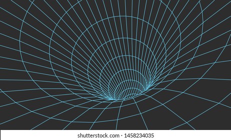 Grid texture. Wireframe surface tunnel. 3d grid on dark background. Vector wormhole