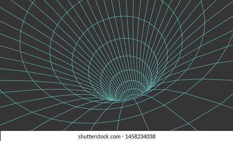 Grid texture. Wireframe surface tunnel. 3d grid on dark background. Vector wormhole