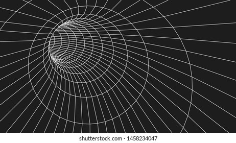 Grid texture. Wireframe surface tunnel. 3d grid on dark background. Vector wormhole