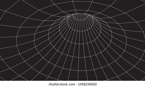 Grid texture. Wireframe surface tunnel. 3d grid on dark background. Vector wormhole
