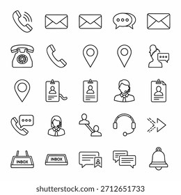 Raster aus dünnen schwarzen Umrisssymbolen für Kontakt und Kommunikation, einschließlich Telefon, E-Mail, Chat und Headset