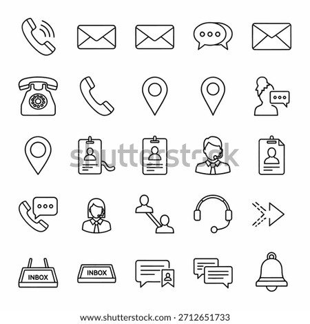 Grid of thin black outline contact and communication icons including phone, mail, chat, and headset