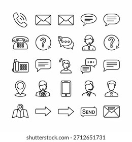 Grade de contatos de linha fina e ícones de mensagens mostrando telefones, envelopes, bolhas de chat, agentes. extra
