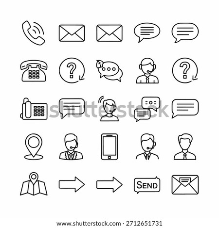 Grid of thin line contact and messaging icons showing phones, envelopes, chat bubbles, agents. extra