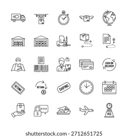 Grid of thin-line delivery and logistics icons showing trucks, drones, packages, clocks, warehouses