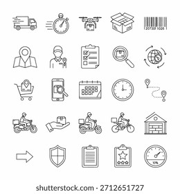 Grid of thin-line delivery and logistics icons including vehicles, tracking, packaging and timing